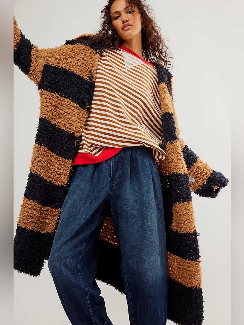 Free People Sz L Paddy Rare Oversized Chunky Wool Blend Strip Knit Long Cardigan